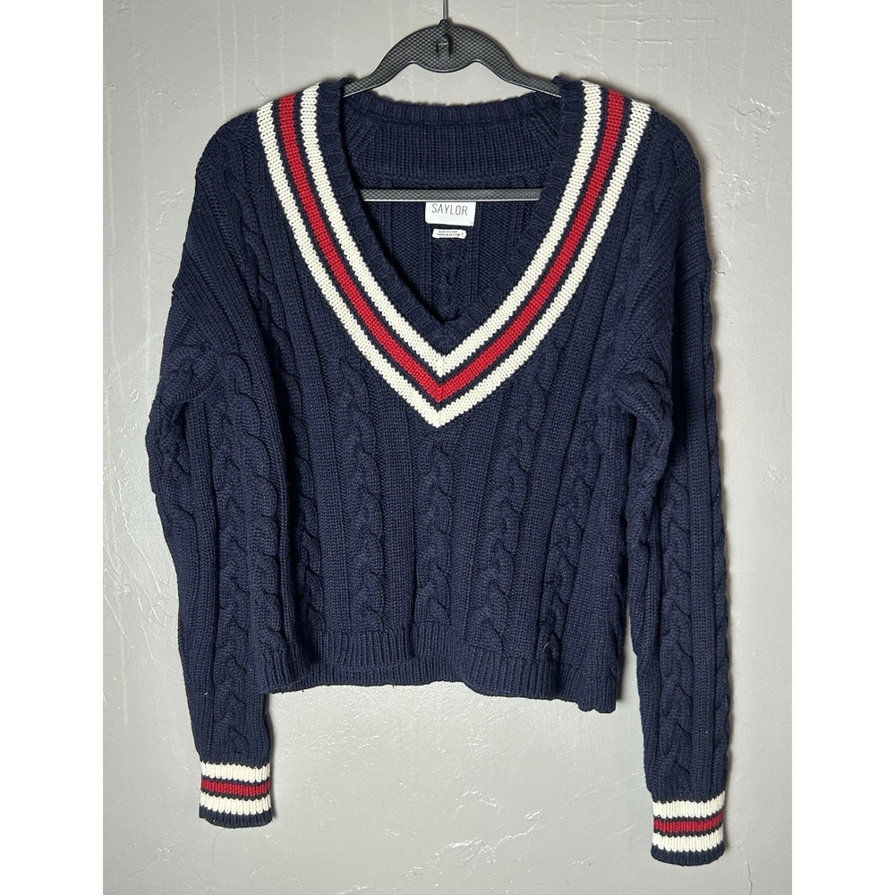 Women's Saylor Deep V Navy Sweater W/Red Stripes Size S Lambs Wool Blend Preppy